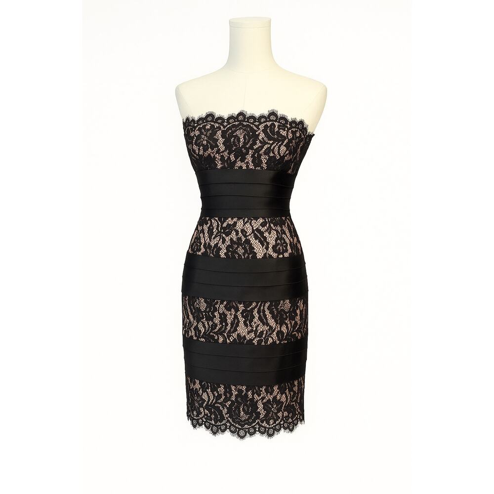 BCBGMAXAZRIA Black Nude Blush Strapless Lace Cocktail Dress Mid Length Satin